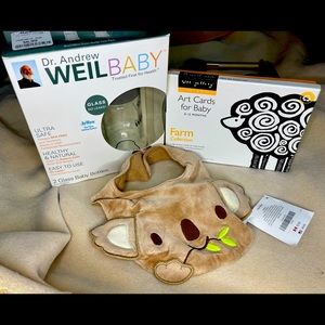 Baby bundle bib, bottles and art cards for baby.